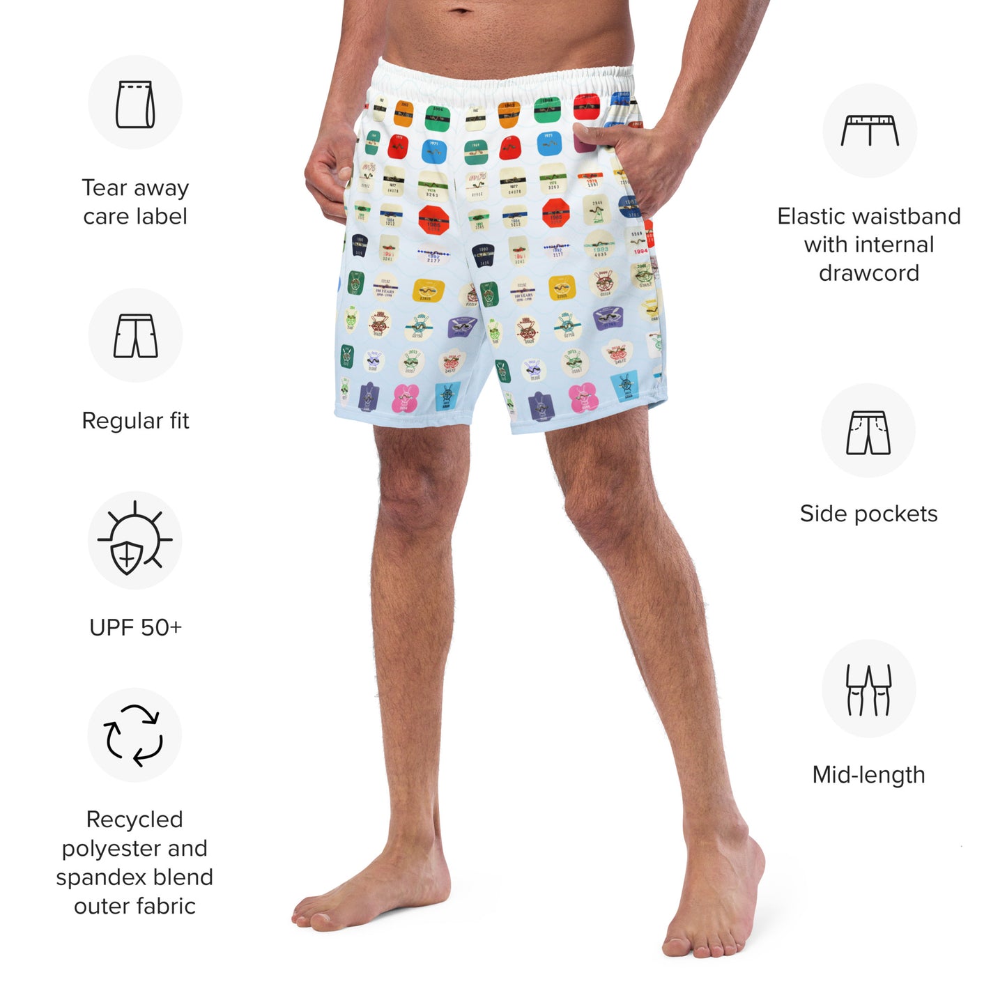 Beach Badge Swim Trunks - Grid Pattern