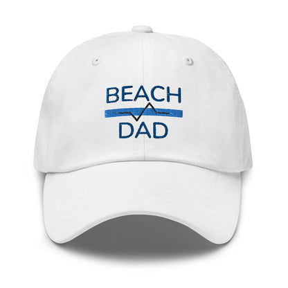 White hat with the words Beach Dad embroidered in Blue